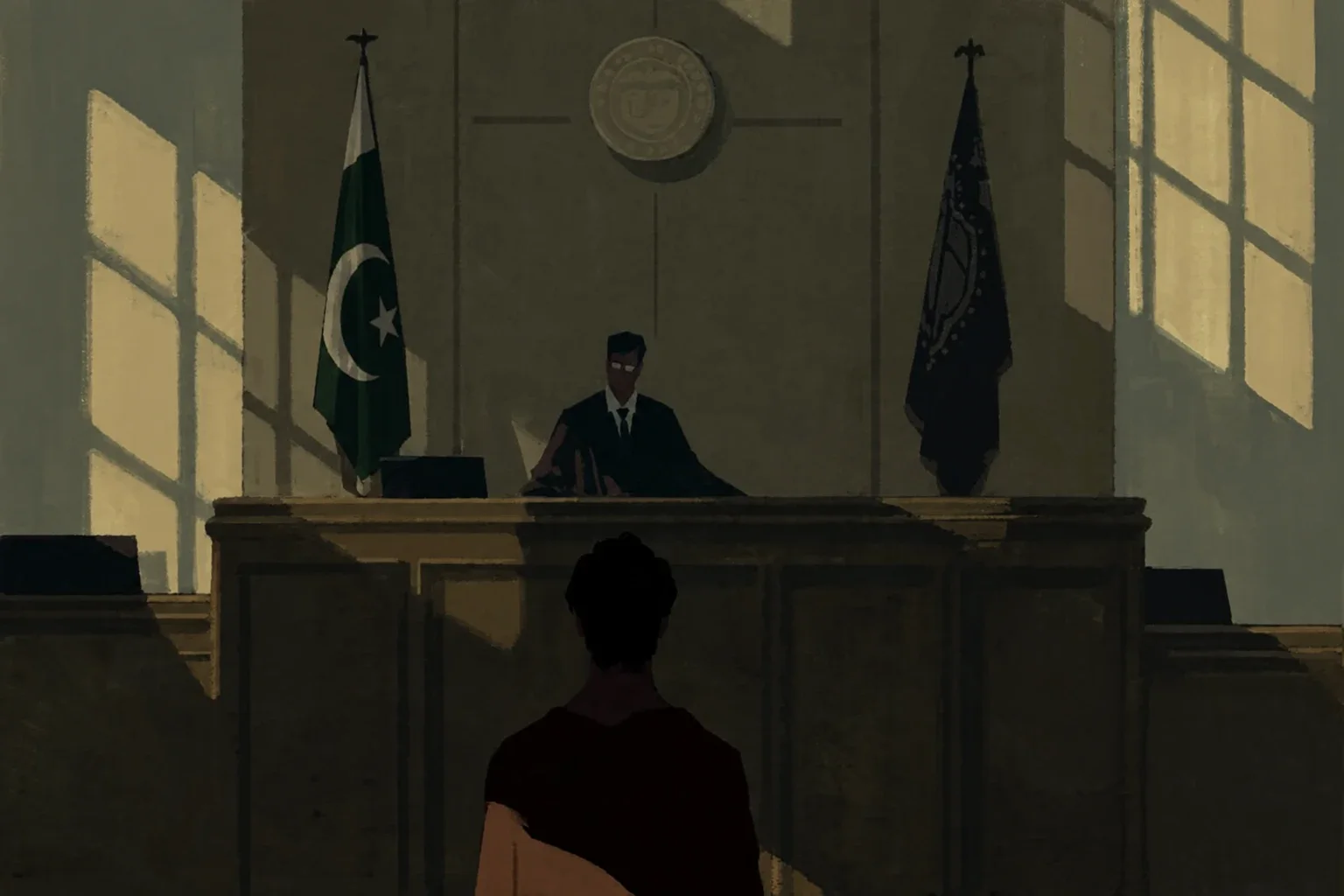 Illustration of a Pakistani courtroom: a judge at the bench between two flags, sunlight from tall windows, a person standing before the court